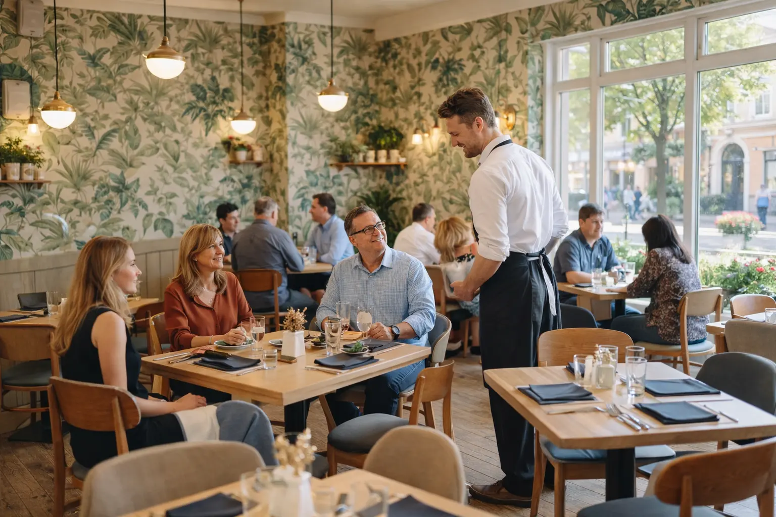 Restaurante pequeño y familiar con mesas puestas